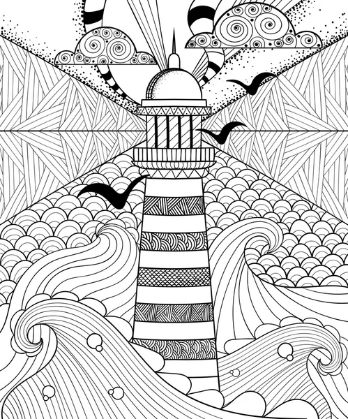 Hand drawn artistically ethnic ornamental patterned Lighthouse w — Stock Vector