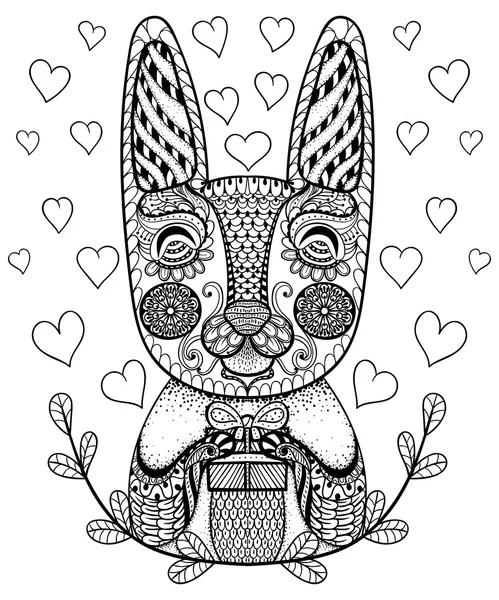 Hand drawn Easter Rabbit with gift and hearts in doodle, pattern — Stock Vector