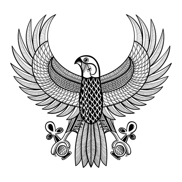 Hand drawn artistically Egypt Horus Falcon, patterned Ra-bird in — Stock Vector