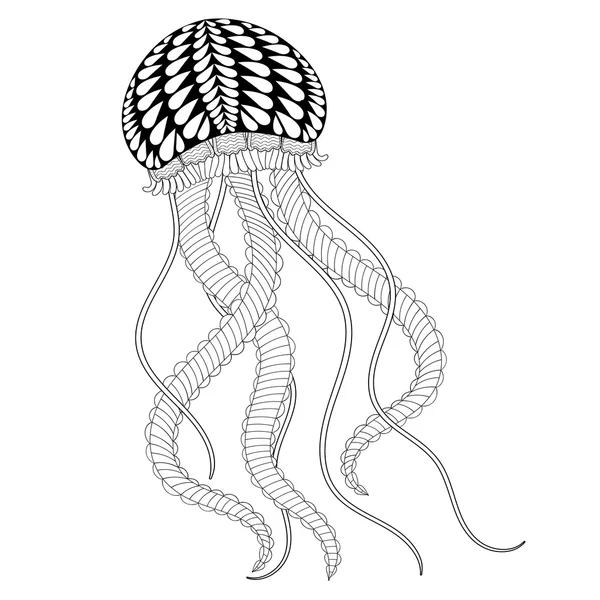 Ручной рисунок морской медузы для взрослых страниц раскраски в каракули, дзен — стоковый вектор