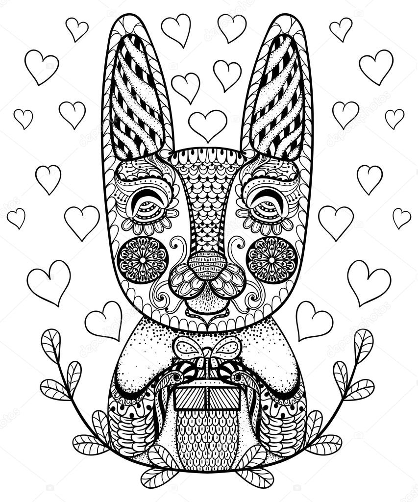 Hand drawn Easter Rabbit with gift and hearts in doodle, pattern