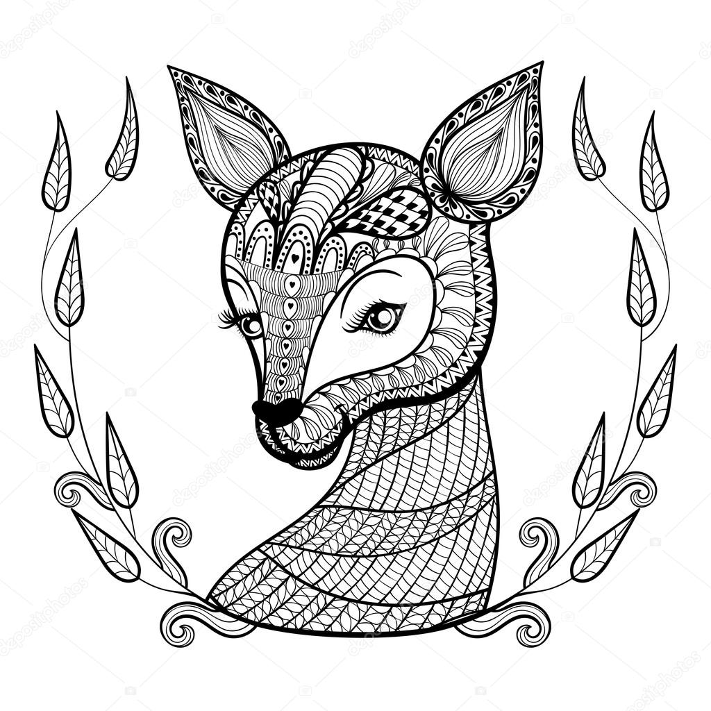 Hand drawn ethnic ornamental patterned cute deer's face in flora