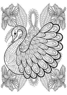 Hand drawing artistic Swan in flowers for adult coloring pages A