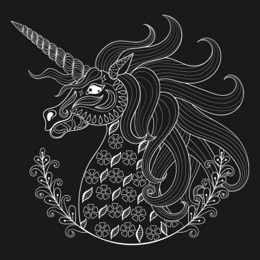 Hand drawing white Unicorn for adult anti stress coloring pages,