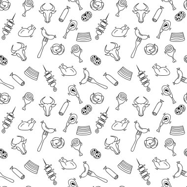 Hand drawn artistic meat seamless pattern for adult coloring pag