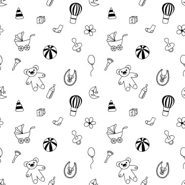 Hand drawn seamless pattern with children's toys for adult color