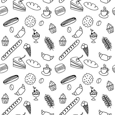 Hand drawn seamless pattern  for adult coloring pages with bread