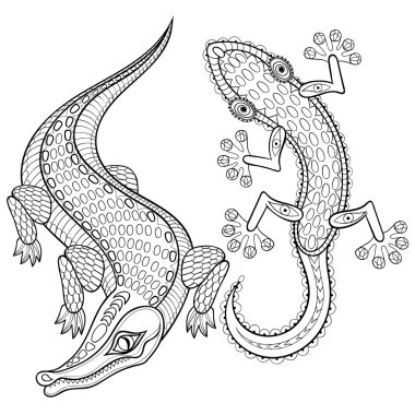 Hand drawn zentangled Crocodile and Lizard for adult coloring pa