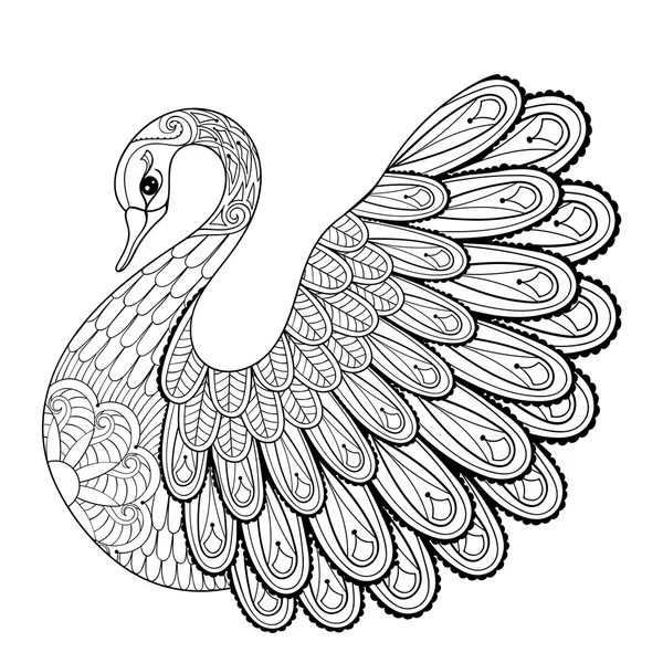 Dibujo a mano cisne artístico para adultos para colorear páginas en garabato, z — Vector de stock