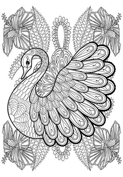 Hand drawing artistic Swan in flowers for adult coloring pages A