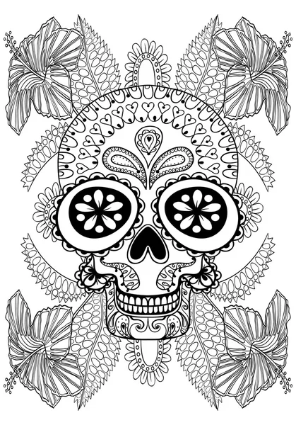 Calavera artística dibujada a mano en flores para colorear para adultos página A4 — Archivo Imágenes Vectoriales