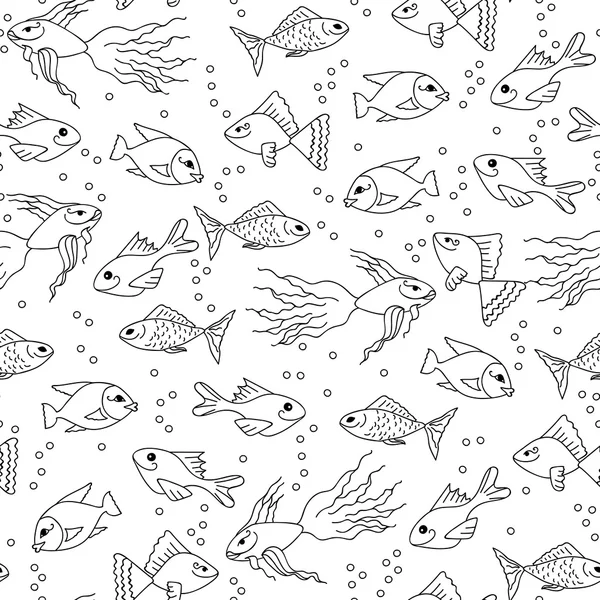 Hand drawn Fish in water seamless pattern for adult coloring pag — Stockový vektor