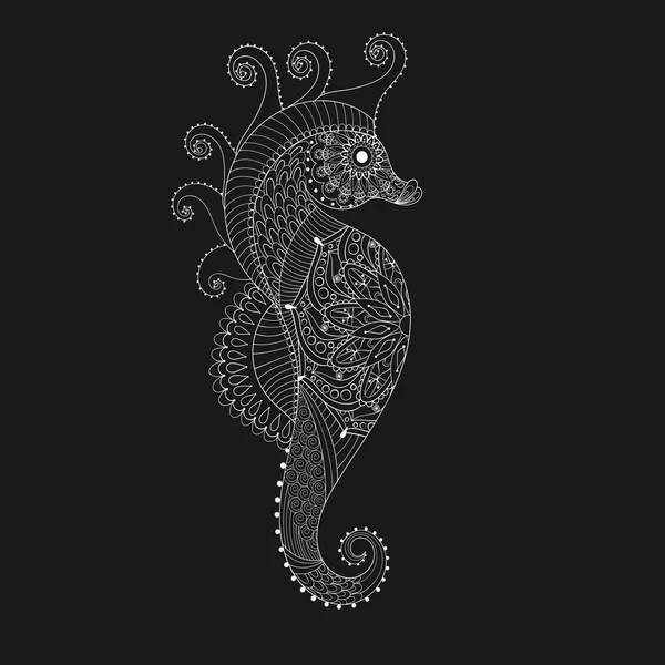 Hand drawn white Sea Horse for adult coloring pages in doodle, z — Stock Vector