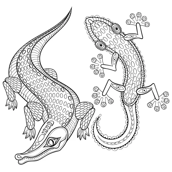 Hand drawn zentangled Crocodile and Lizard for adult coloring pa — Stock Vector