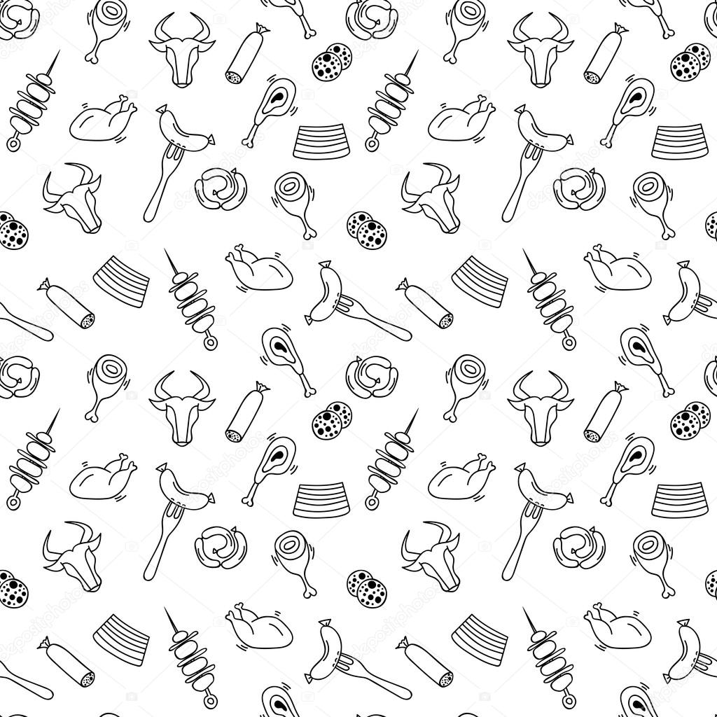 Hand drawn artistic meat seamless pattern for adult coloring pag