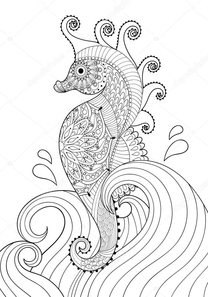 Hand drawn artistic Sea horse in waves for adult coloring page A