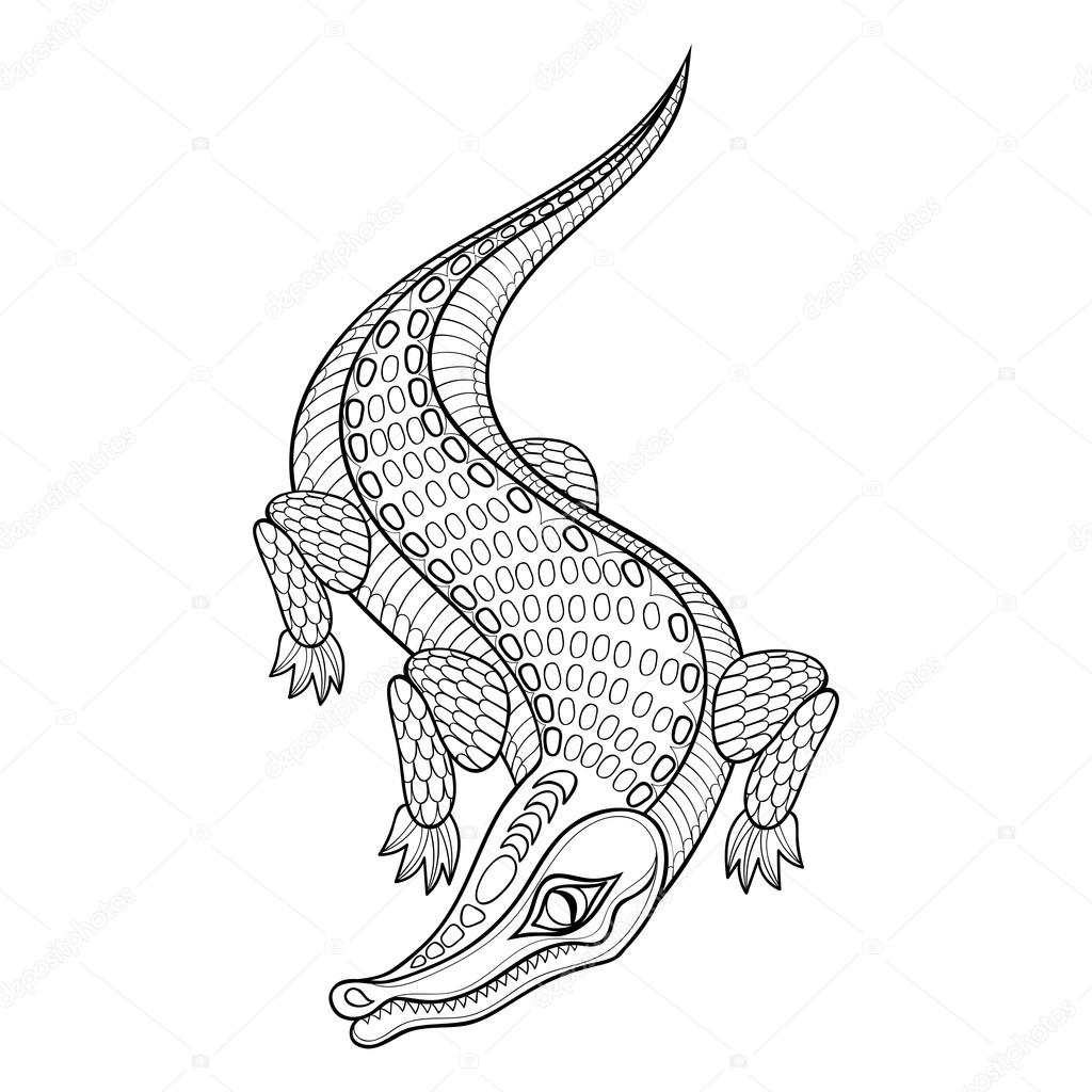 Hand drawn zentangled Crocodile for adult coloring pages in dood