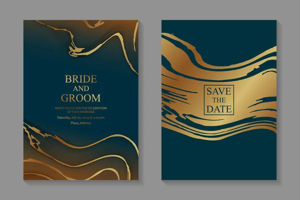 Szablony Zaproszeń Ślubnych Lub Kartek Okolicznościowych Abstrakcyjnymi Złotymi Falami Ciemnym — Wektor stockowy