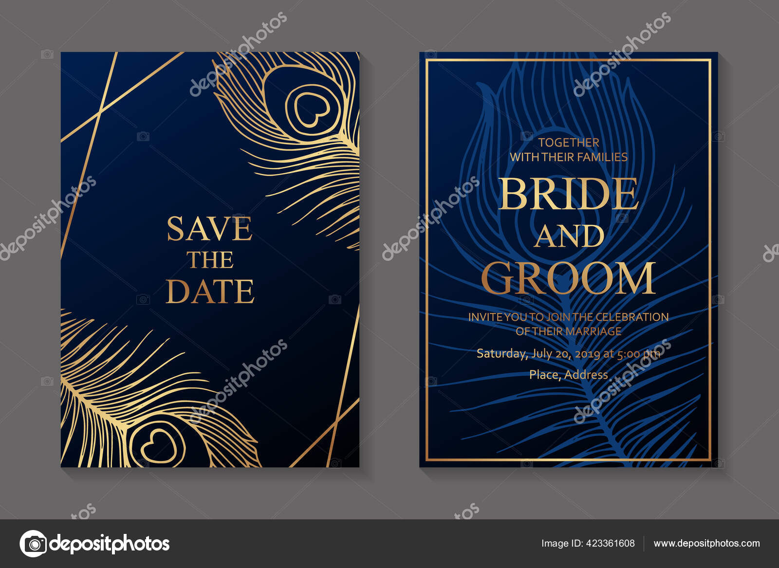 Wedding Invitation Design Greeting Card Templates Golden Peacock Feathers  Dark Stock Vector Image by ©AnnaHoly #423361608