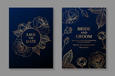 Çiçekli düğün davetiyesi ya da tebrik kartı tasarımı Koyu mavi arka planda altın güller.