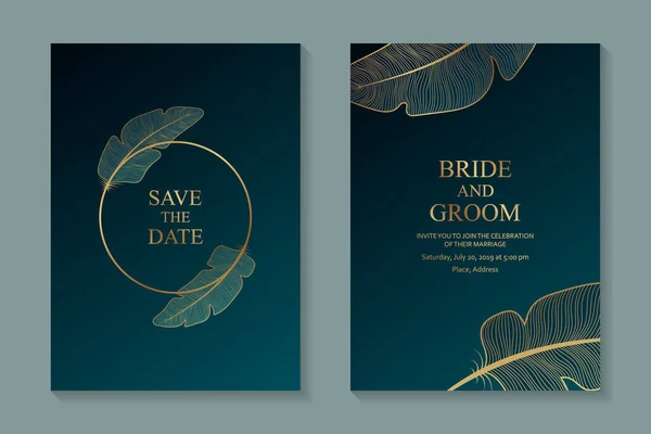 Card template design for wedding invitation, rsvp, greeting card or diploma with feathers and golden frames on a dark turquoise background.