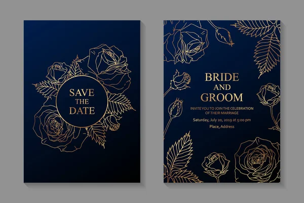 濃い青の背景に金色のバラと花の結婚式の招待状やグリーティングカードのデザイン — ストックベクタ
