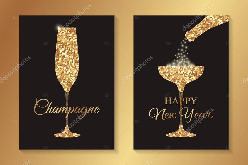 Set of greeting cards or poster designs for new year or champagne tasting with glittering glasses on a black background.