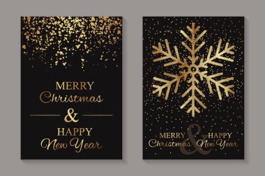Mutlu Noeller ya da mutlu yeni yıl tebrik kartı şablonları. Siyah arka planda altın parıltı ve kar taneleri..