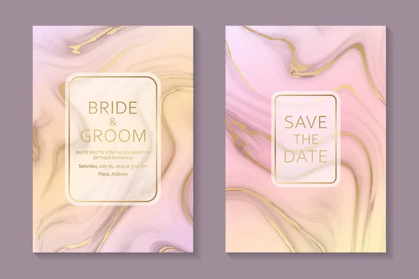 ピンク 黄色の液体大理石の背景に黄金の波とビジネスやプレゼンテーションや挨拶のための現代抽象的な豪華な結婚式の招待状のデザインやカードテンプレートのセット — ストックベクタ