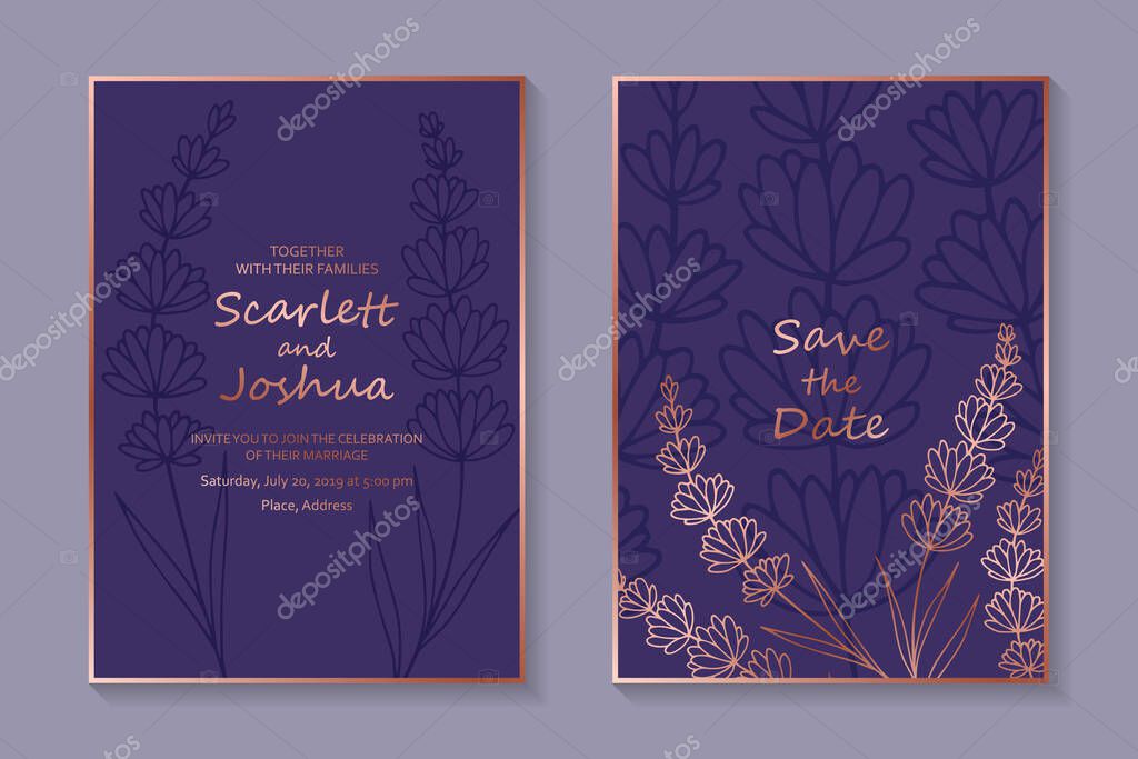 Floral wedding invitation design or greeting card templates with lavender and rose golden frames on a purple background.