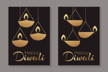 Mutlu Diwali tebrik kartları şablonları altın lambalar ya da siyah arka planda mumlar.