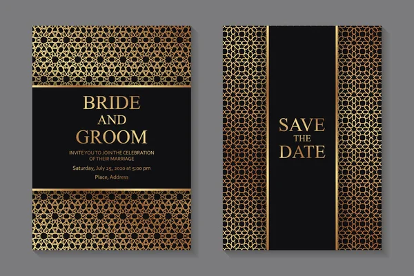 Zestaw Nowoczesnych Geometrycznych Luksusowych Arabskich Zaproszeń Ślubnych Lub Szablonów Kart — Wektor stockowy