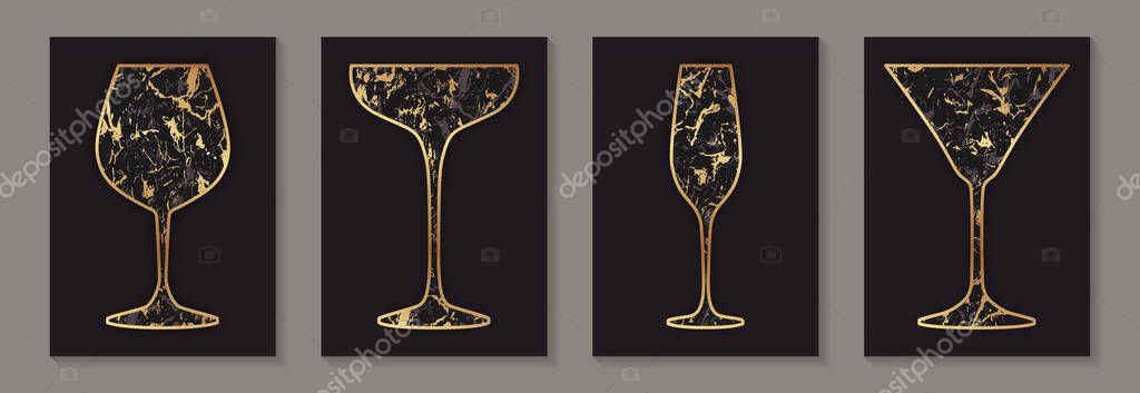 Modern abstract luxury card templates for wine or cocktails tasting invitation or bar and restaurant menu or banner or logo with golden glasses with marble texture on a black background.