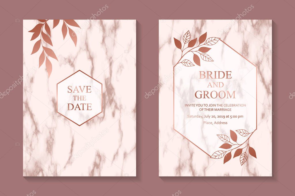 Floral wedding invitation design or greeting card templates with rose golden branches and leaves and frames on a pink marble background.