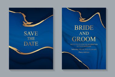 Düğün davetiyesi tasarımı veya mavi sıvı mermer desenli ve altın çizgili tebrik kartı şablonları.