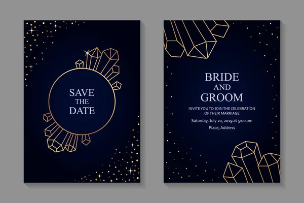 Modelos Cartão Design Convite Casamento Com Cristais Moldura Dourada Confete — Vetor de Stock