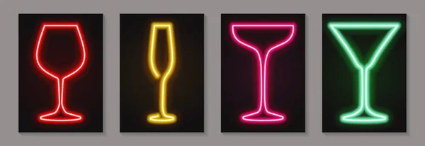 Ensemble Verres Néon Lumineux Pour Vin Cocktail Pour Bannière Panneau — Image vectorielle