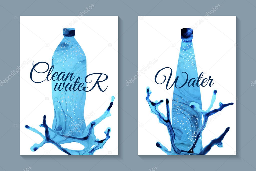 Modern abstract spring water bottles design for card templates or posters or logo or banner with blue watercolor waves and splashes or fluid art in alcohol ink style or marble with silver bubbles.