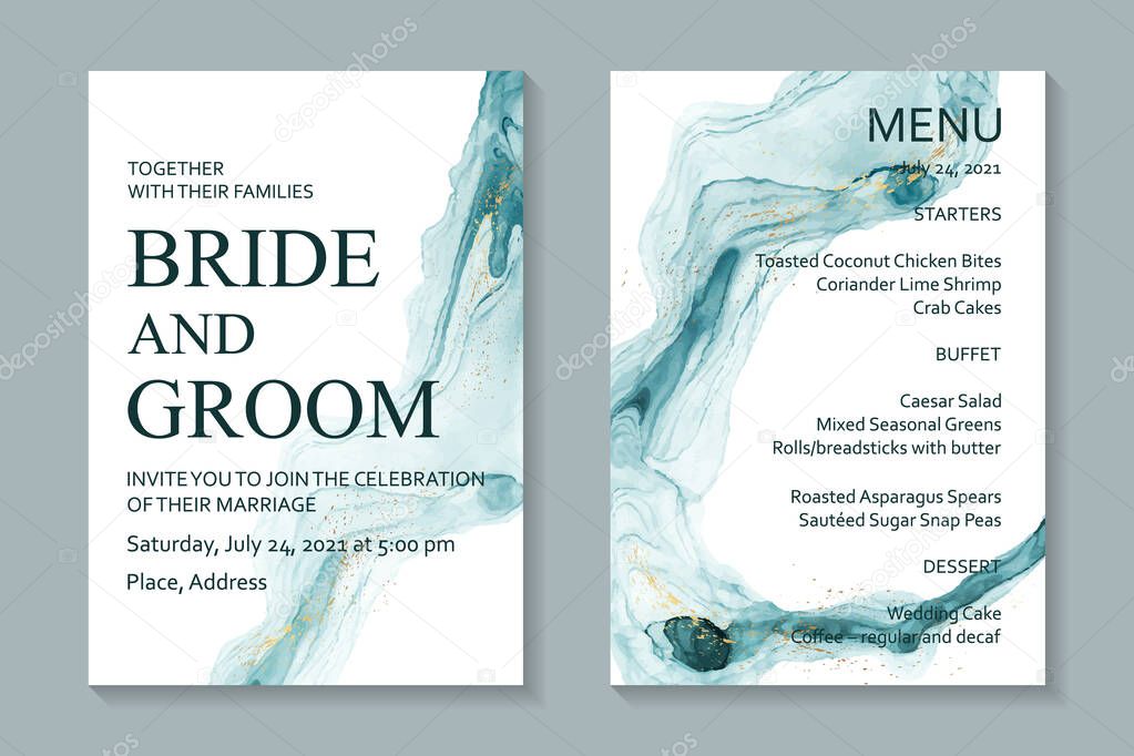 Modern abstract luxury wedding invitation design or card templates for birthday greeting or certificate or cover with blue watercolor waves and golden paint splashes on a white background.