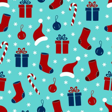 Noel için kusursuz desenli hediyeler, çoraplar ve toplar mavi arka planda.