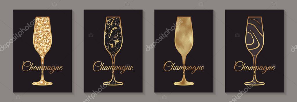 Modern abstract luxury card templates for sparkling wine tasting invitation or bar and restaurant menu or banner or logo with golden glittern and marble champagne glasses on a black background.