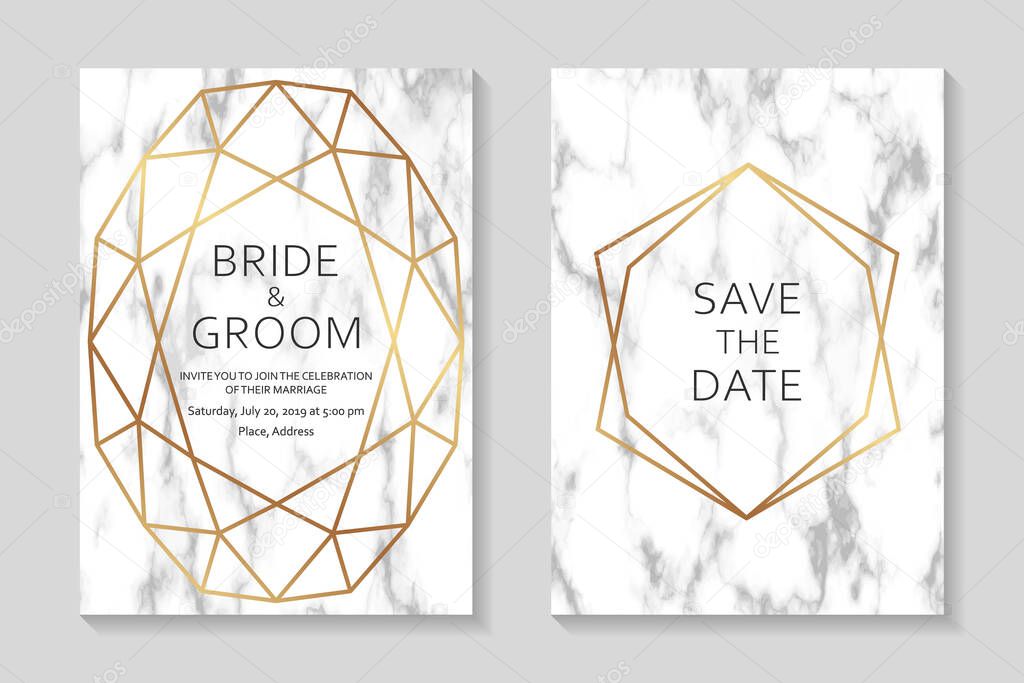 Wedding invitation design or greeting card templates with modern golden frames on a marble texture.
