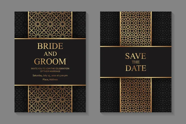 Wzory Zaproszeń Ślubnych Lub Kartki Okolicznościowe Złotym Ornamentem Arabskim Czarnym — Wektor stockowy