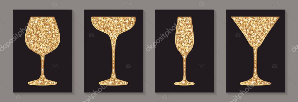 Set of golden glitter wine and cocktail glasses for tasting invitation or bar and restaurant menu or banner or logo on a black background.