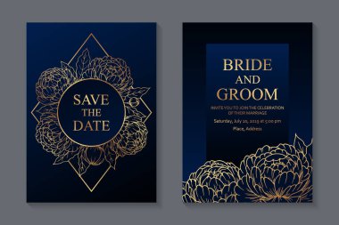 Çiçekli düğün davetiyesi tasarımı ya da koyu mavi arka planda altın şakayık çiçekli tebrik kartı şablonları.