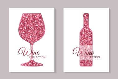Beyaz arka planda kırmızı parıldayan şarap kadehi ve şişe. Şarap tatma daveti, bar ve restoran menüsü veya bayrak veya logo için kart şablonları.