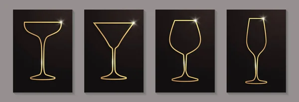 Ensemble Verres Vin Doré Brillant Champagne Cocktail Sur Fond Noir — Image vectorielle