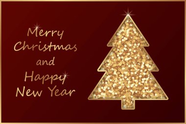 Mutlu Noeller ve mutlu yeni yıl tebrik kartı şablonu. Kırmızı arka planda altın parıltı ve köknar ağacı..