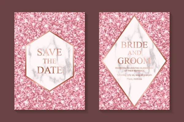 輝くピンクの背景にバラの金のフレームで大理石と結婚式の招待状のデザインやグリーティングカードテンプレート — ストックベクタ