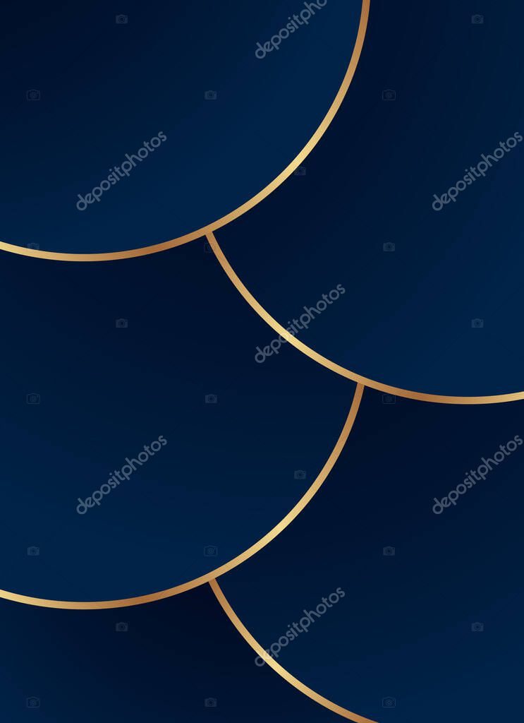 Modern geometric luxury card template for business or presentation with rounded golden lines on a dark blue  background.